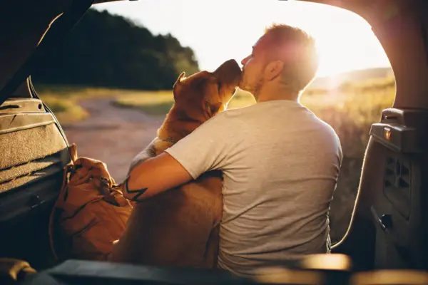 Man and his dog in their car at sunset